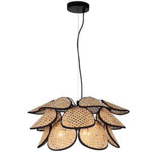 3-Light Black Pendant Light with Natural Bamboo Weaving Shades, No bulbs Included