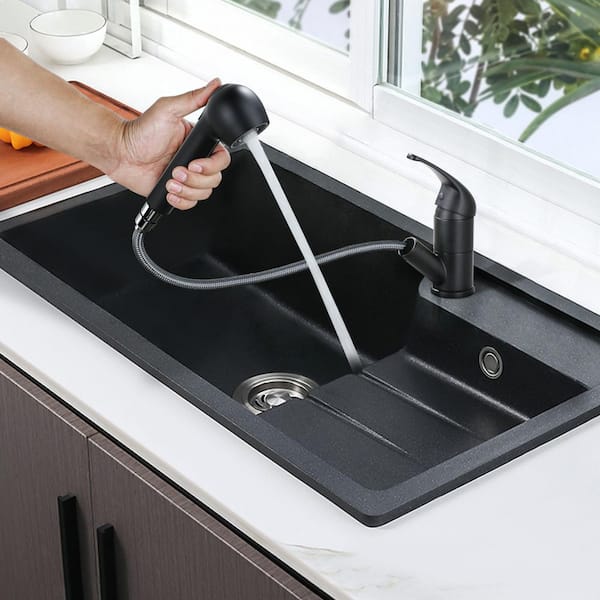 6.8 in. H Single Handle 90 Degree Spout Swivel Pull Out Sprayer Kitchen Faucet with Deckplate in Matte Black