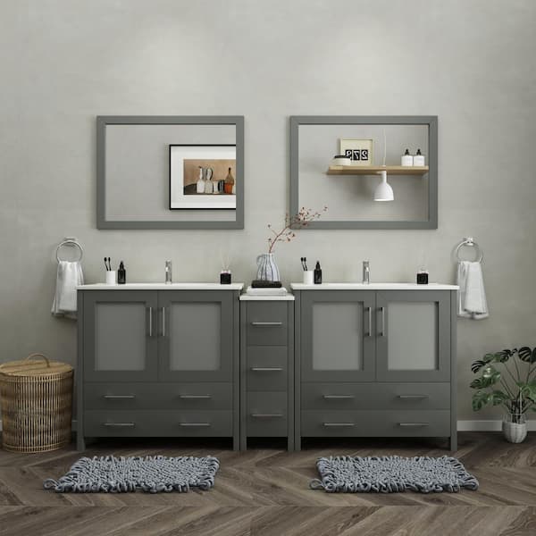 Vanity Art 84-Inch Double Sink Bathroom Vanity Set with Ceramic Top Grey