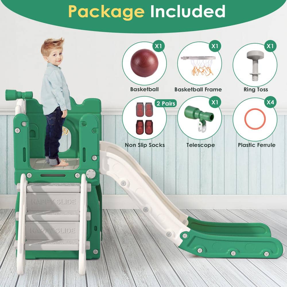 Green and Yellow L-Shaped 7-in-1 Toddler Slide with Basketball Hoop