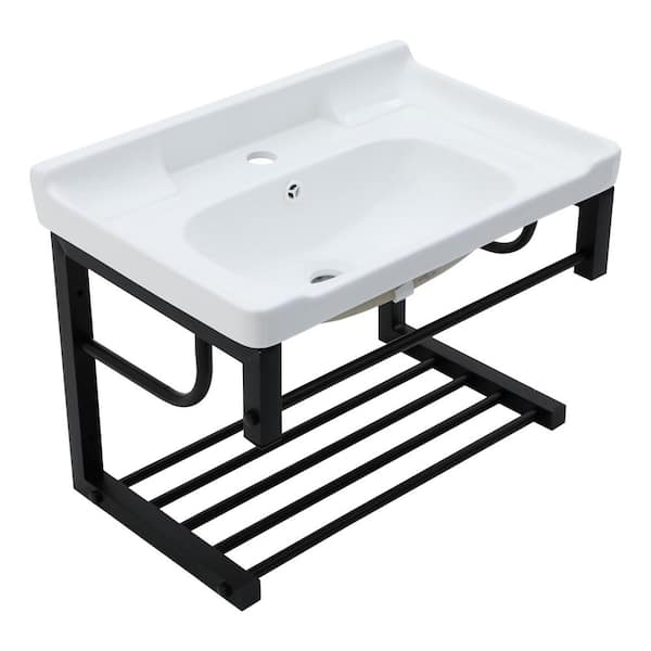 23 in. White Wall Mount Rectangular Bathroom Ceramic Console Sink with Towel Rack 1-Faucet Hole Overflow