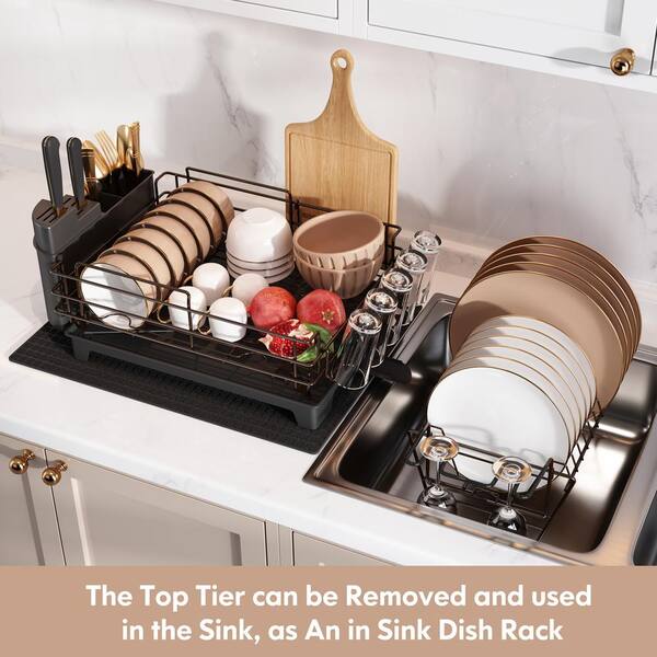 JASIWAY 2 Tier Metal Standing Dish Rack in Brown with Wine Glasses Rack J 602 BRONZE The Home Depot