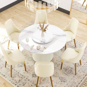 53.15 in. Rotable Round Lazy Susan Sintered Stone Tabletop Kitchen Dining Table with White Pedestal Metal Base (6 Seats)