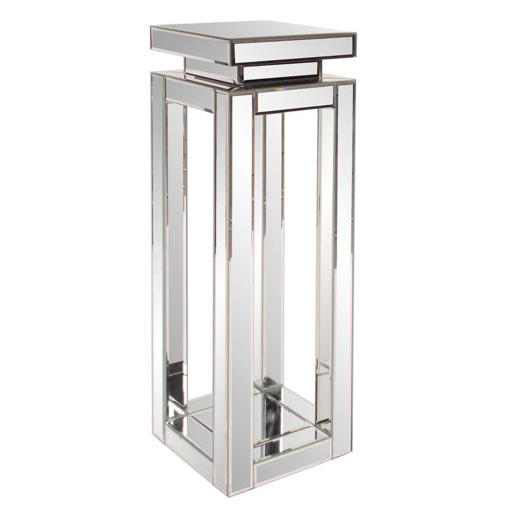 Tall Mirrored Glass and Wood Pedestal Table