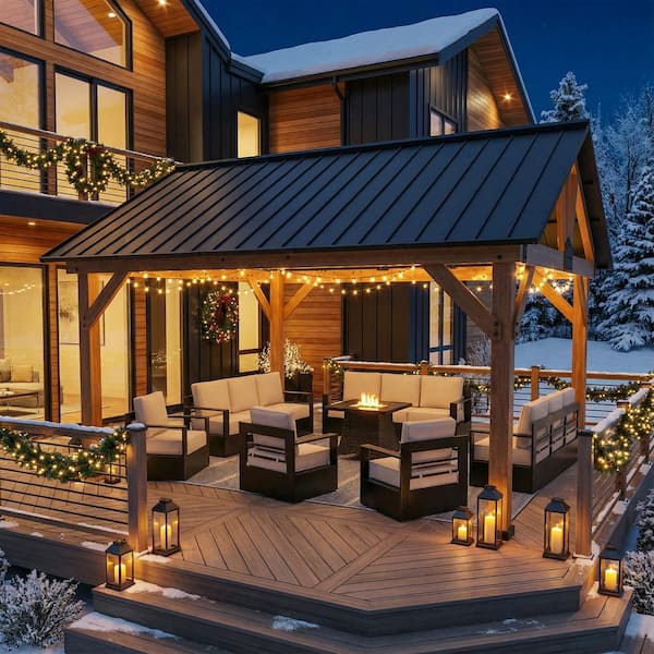 15 ft. x 13 ft. Solid Cedar Wood Outdoor Patio Hardtop Gazebo with Black Galvanized Steel Roof and Ceiling Hook