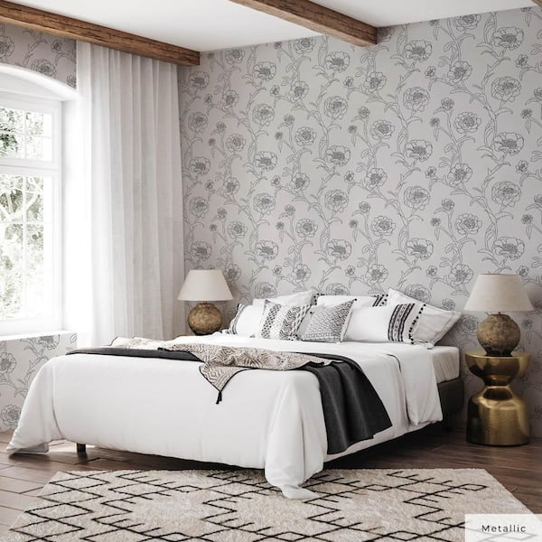 Metallic Black and White Peonies Vinyl Peel and Stick Wallpaper Roll (Covers 56 sq. ft.)