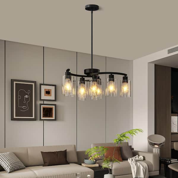 9-Light Matte Black Chandelier Light Fixture with Clear Glass Shades, Adjustable Height Hanging Light