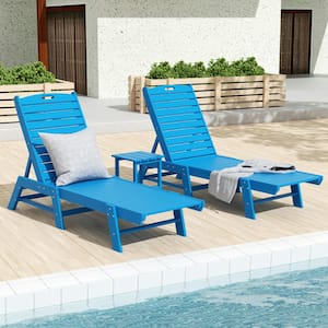 Laguna Pacific Blue 3PC All Weather Fade Proof HDPE Plastic Outdoor Patio Reclining Chaise Lounge Chairs, Side Table Set