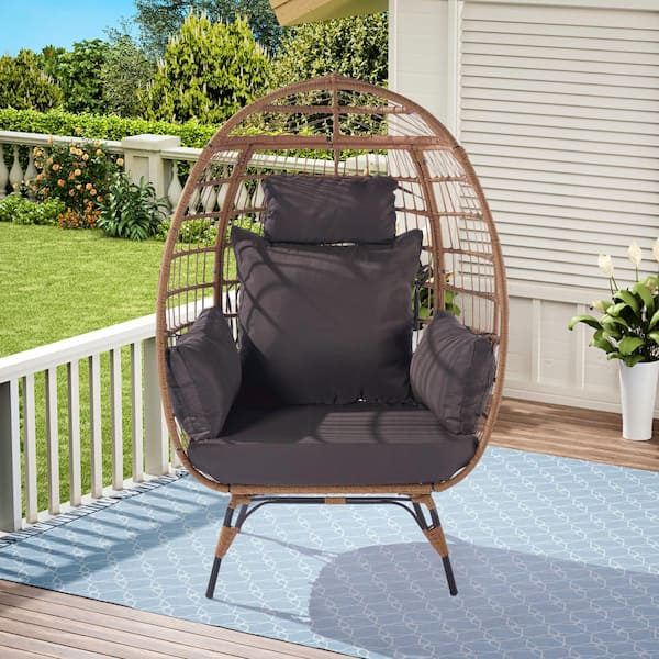 Boosicavelly Oversized Indoor Outdoor Wicker Egg Chair and Steel Frame 440lb Capacity with Dark Gray Cushion