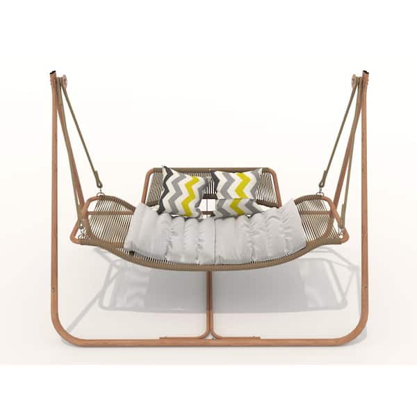 Sudzendf Brown Wood Oversized Patio Swing Hammock Chair with Stand and Cushion