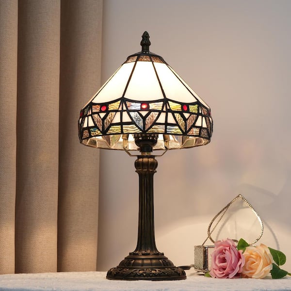 14 in. Tiffany Style Bronze Finish Table Lamp with White Stained Glass Lamp Shade