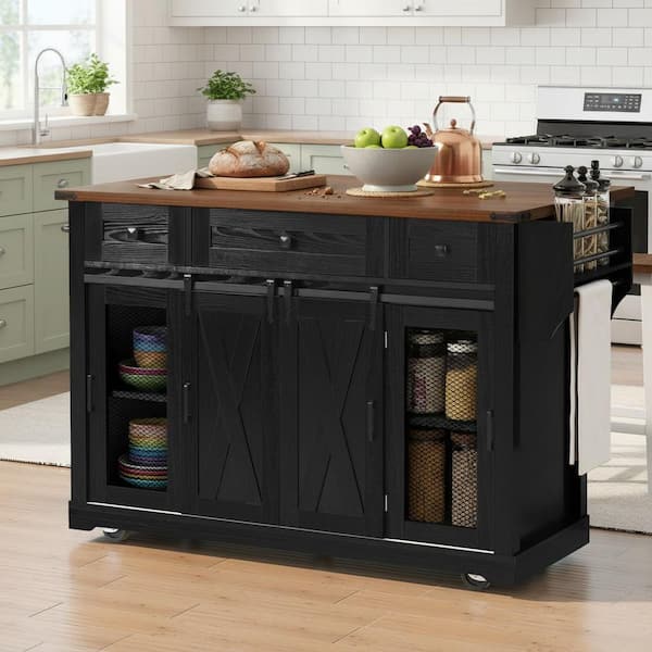 Farmhouse Black Wood 58 in. Power Outlet Drop Leaf Kitchen Cart Storage Island with 3-Drawer and Sliding Barn Door