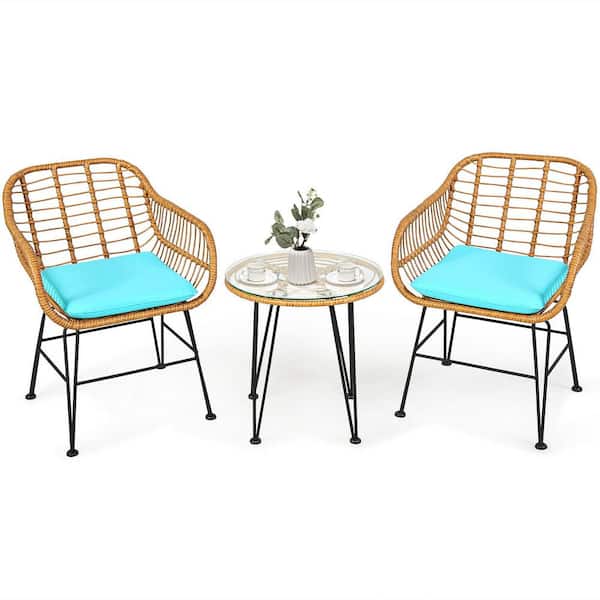 ANGELES HOME 3-Piece Wicker Rattan Patio Conversation Set with Turquoise Cushions and Tempered Glass Table Top