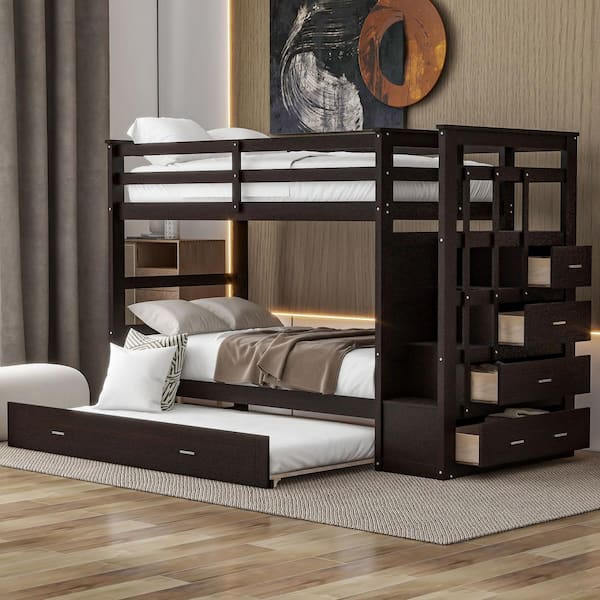 Polibi Twin over Twin Bunk Bed with Trundle and Staircase, Espresso