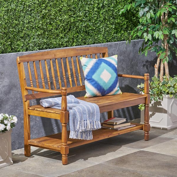 Noble House Imperial 2-Person Teak Brown Wood Outdoor Bench with Shelf