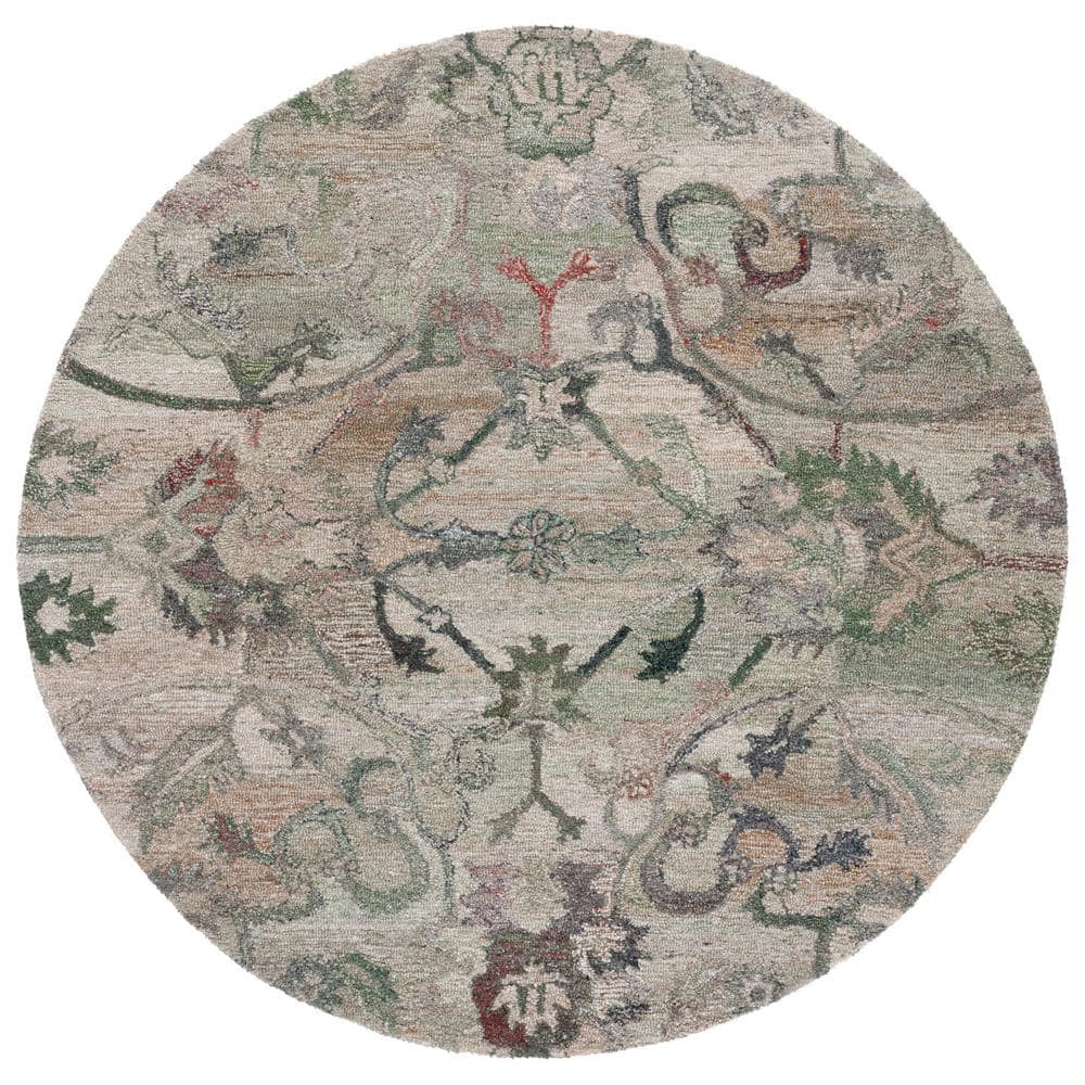 Handmade Sage and Beige Round Wool Area Rug with Cotton Backing