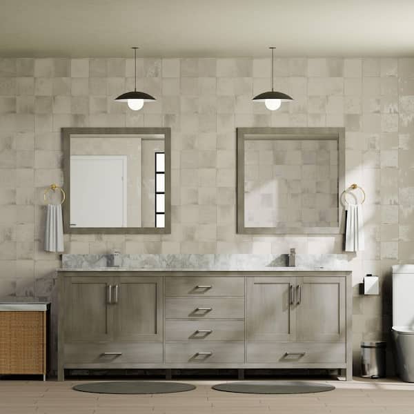Jacques 80 in. W x 22 in. D Distressed Grey Double Bath Vanity, Carrara Marble Top, and 30 in. Mirrors