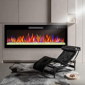 Ultrathin 60 in. W Wall Mounted Metal Electric Fireplace in Black with Tempered Glass Screen and Mixed Flames