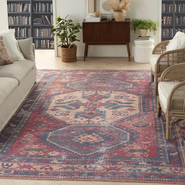 57 Grand Machine Washable Red/Navy 8 ft. x 10 ft. Bordered Transitional Area Rug