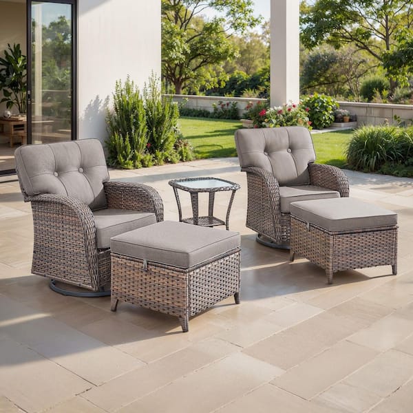 TWrap Brown 5-Piece Wicker Swivel Rocker Patio Conversation Set with 5 in. Thick Gray Cushions for Balcony