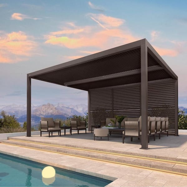 12 ft. x 16 ft. Bronze Aluminum Louvered Pergola with 2-Adjustable Sunshade Roofs and 1-Long Side Fixed Shutter Wall