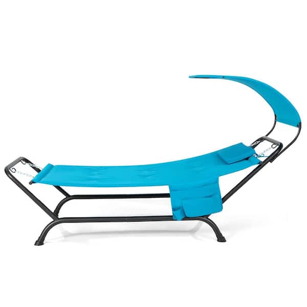 Gymax Blue Outdoor Chaise Lounge Bed with Detachable Sunshade Canopy Hammock with Rustproof Metal Stand