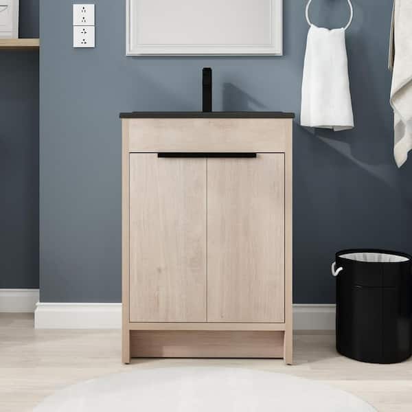 FUNKOL 24 in. W Modern Simplicity Freestanding Bathroom Vanity with Black Sink and 1 Shelf in Yellow