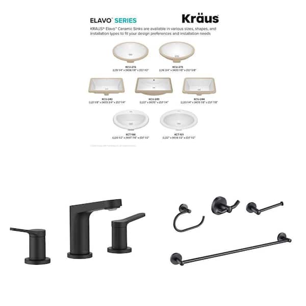 Elavo 20.3 in. White Undermount Sink, Indy Matte Black 8 in. Faucet with Pop Up Drain, and Elie 4-Piece Hardware Set