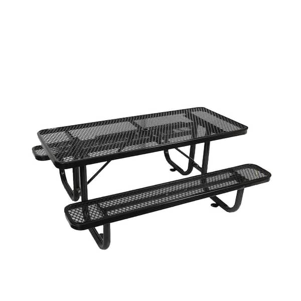 Unbranded 72 in. Black Rectangular Outdoor Steel Frame Picnic Table Seats 4-6 People with Umbrella Hole