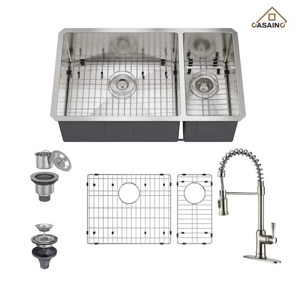 CASAINC 32 in. Undermount Double Bowl 18 Gauge All-in-One Stainless Steel Kitchen Sink with Bottom Grids and Kitchen Faucet
