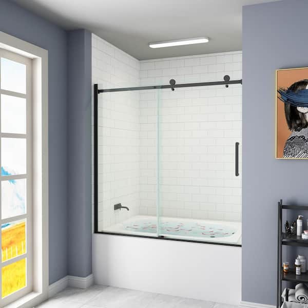 60 in. W x 59 in. H Sliding Frameless Bathtub Door in Matte Black with Clear Glass and Handle 60 in. W x 59 in. H Sliding Frameless Bathtub Door in Matte Black with Clear Glass and Handle