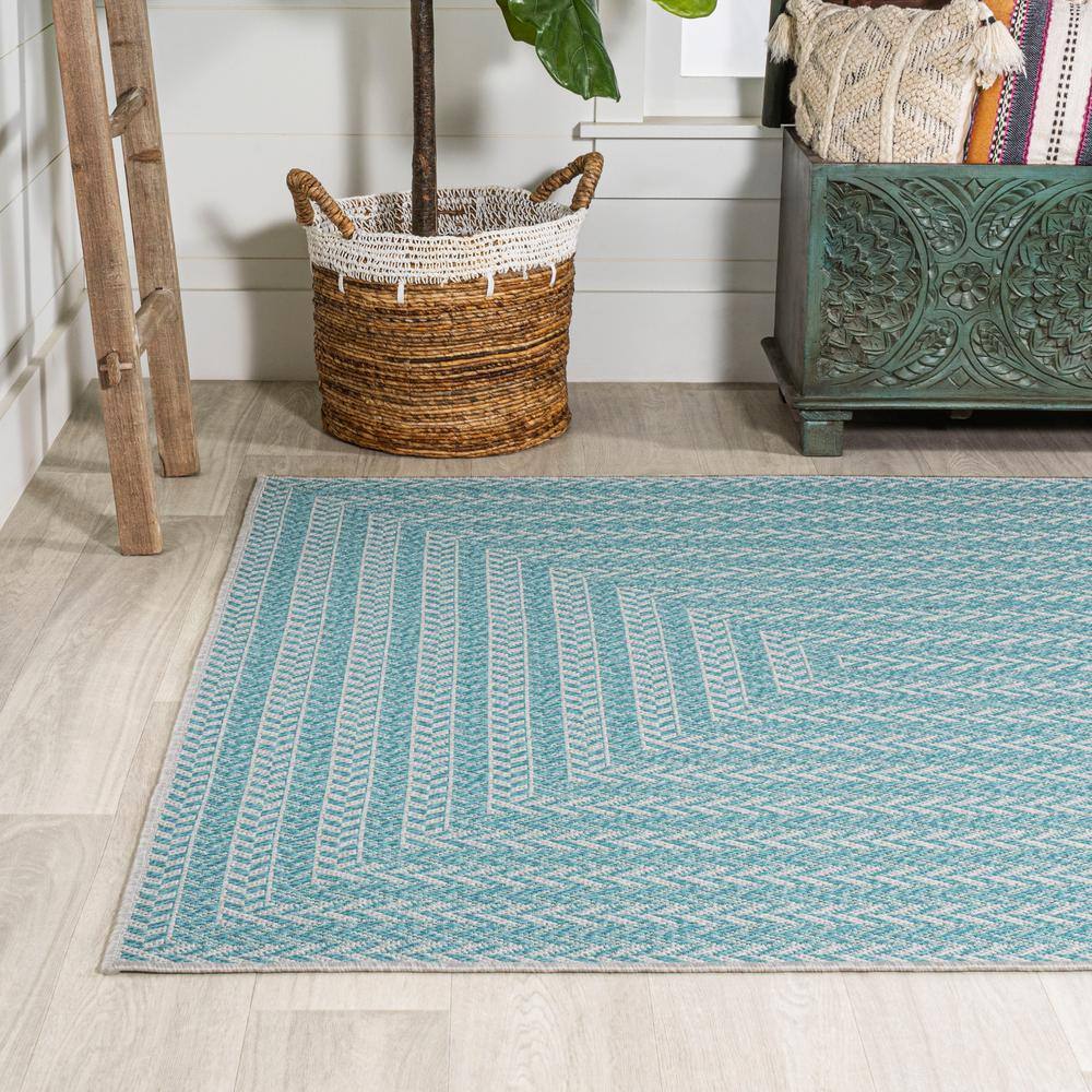 Aqua and Light Gray Geometric Synthetic 3x5 Indoor/Outdoor Rug