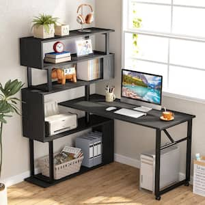 Lanita 47.24 in. L-Shaped Black Engineered Wood Rotating Executive Desk, Reversible Computer Desk with 5-Shelf Bookshelf