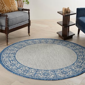 Garden Party Ivory Blue 5 ft. x 5 ft. Round Bordered Transitional Indoor/Outdoor Patio Area Rug