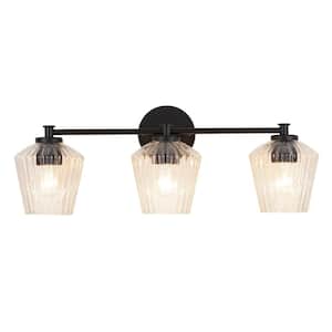 24 in. 3-Light Black Vanity Light with Clear Ribbed Glass Shade