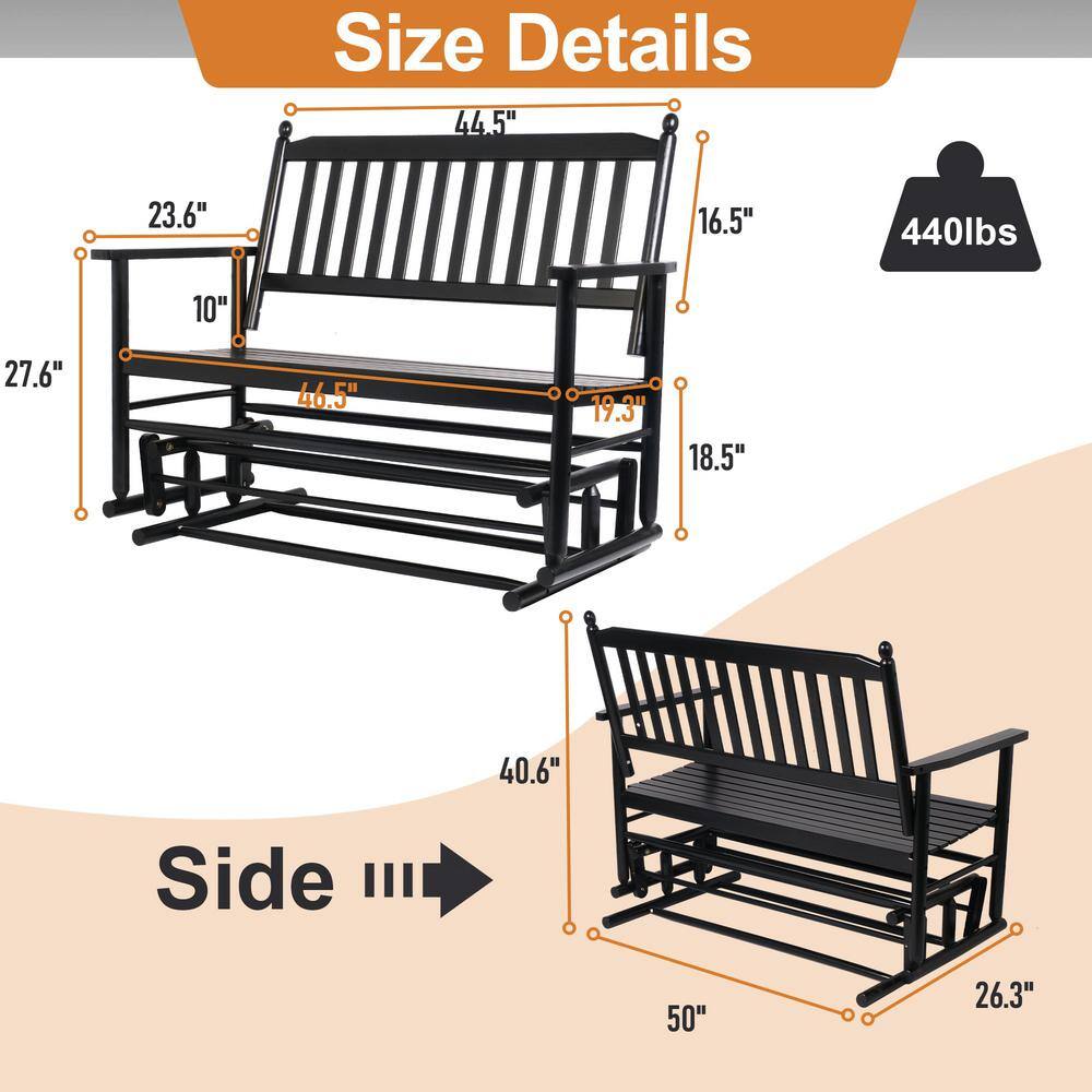 Size dimensions for the black wood outdoor glider bench.