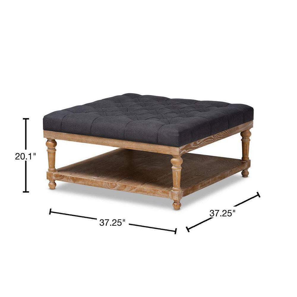 Kelly Charcoal Linen and Greywashed Wood 38" Tufted Cocktail Ottoman