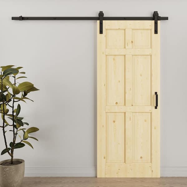 32 in. x 80 in. 6-Panel Unfinished Solid Core Pine Wood Sliding Barn Door with Hardware Kit