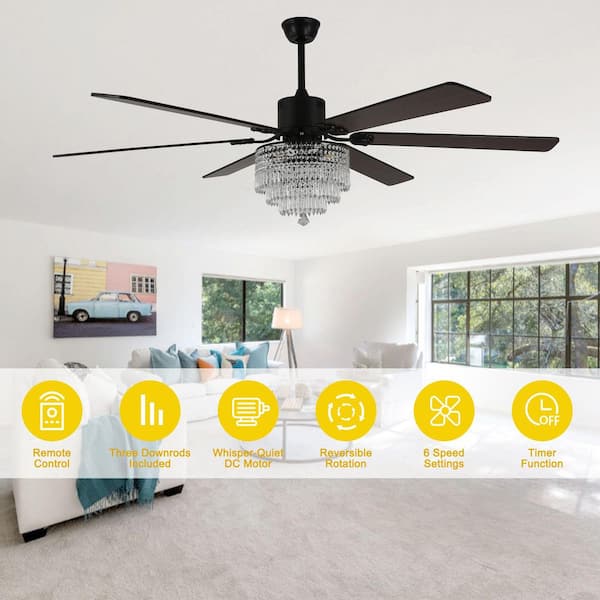 Vivace 65 in. Indoor Modern Glam Crystal Reversible Black Ceiling Fan with Lights, 6-Speed Quiet Ceiling Fan w/ Remote