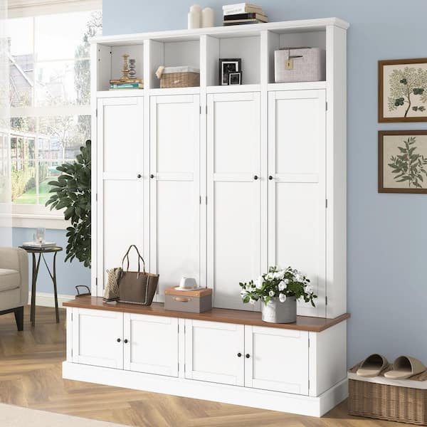 Rylo Farmhouse White MDF Wood Entryway Hall Tree with Bench, Cabinets, Coat Rack and Hooks