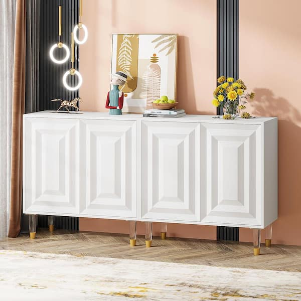 BYBLIGHT Ahlivia White MDF 63 in. Buffet Cabinet Sideboard, Modern Kitchen Accent Cabinet with 4-Doors and Storage Shelves
