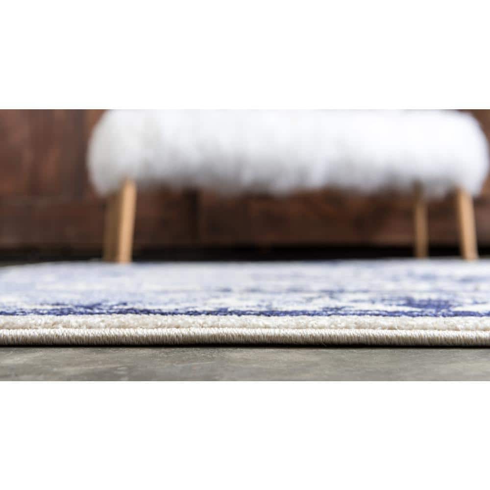 Blue Floral Motif Synthetic Low Pile Area Rug
