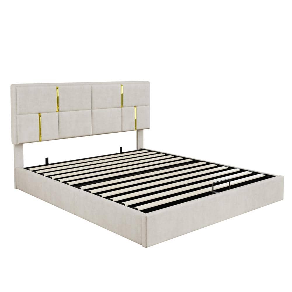 Beige Velvet Frame Queen Platform Bed with Hydraulic Storage System durable construction easy to install price history on PriceWatchPro