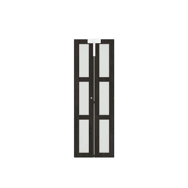 30 in. x 80 in. 3-lite Frosted Glass Solid Core Ancient Wood Color MDF Bi-fold Doors with Lock and Handle