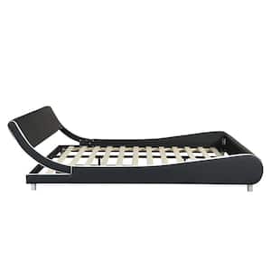 Black&White Wood Slat Frame Curve Design Faux Leather Upholstered King Size Platform Bed