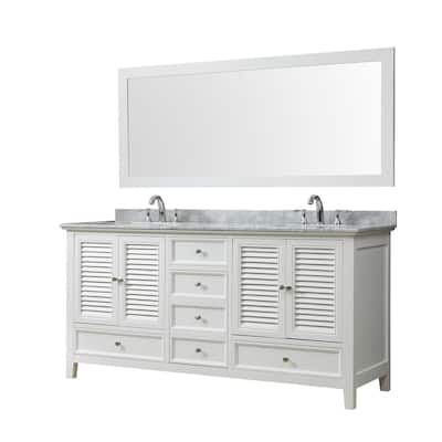 Shutter 72 in. W Bath Vanity in White with Carrara White Marble Vanity Top with White Basins and Mirror