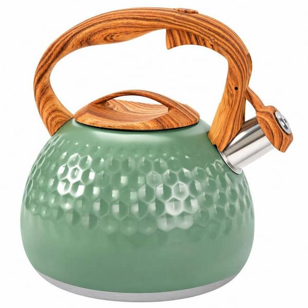 3.1 qt. 12-Cup Stainless Steel Whistling Induction Stovetop Tea Kettle with Wood Pattern Handle in Green