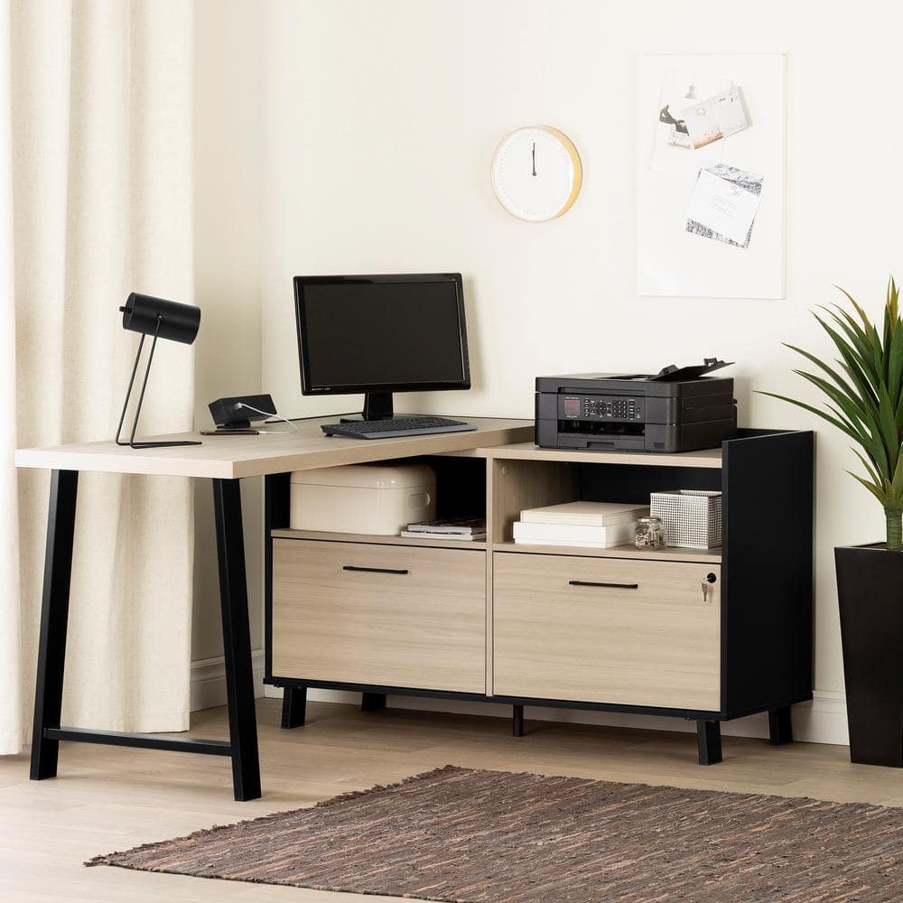 Soft Elm and Matte Black L-Shaped Computer Desk with Power Outlet