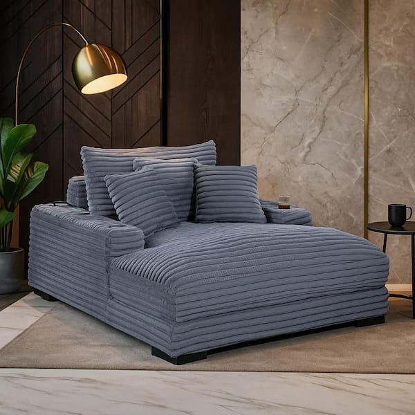 Terra Gray Corduroy Fabric Chaise Lounger with Cup Holder and USB Ports