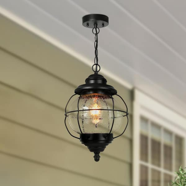 LNC 1-Light Black Modern Globe Cage Outdoor Pendant Light Coastal Lantern Patio Island Pendant Light with Seeded Glass Shade